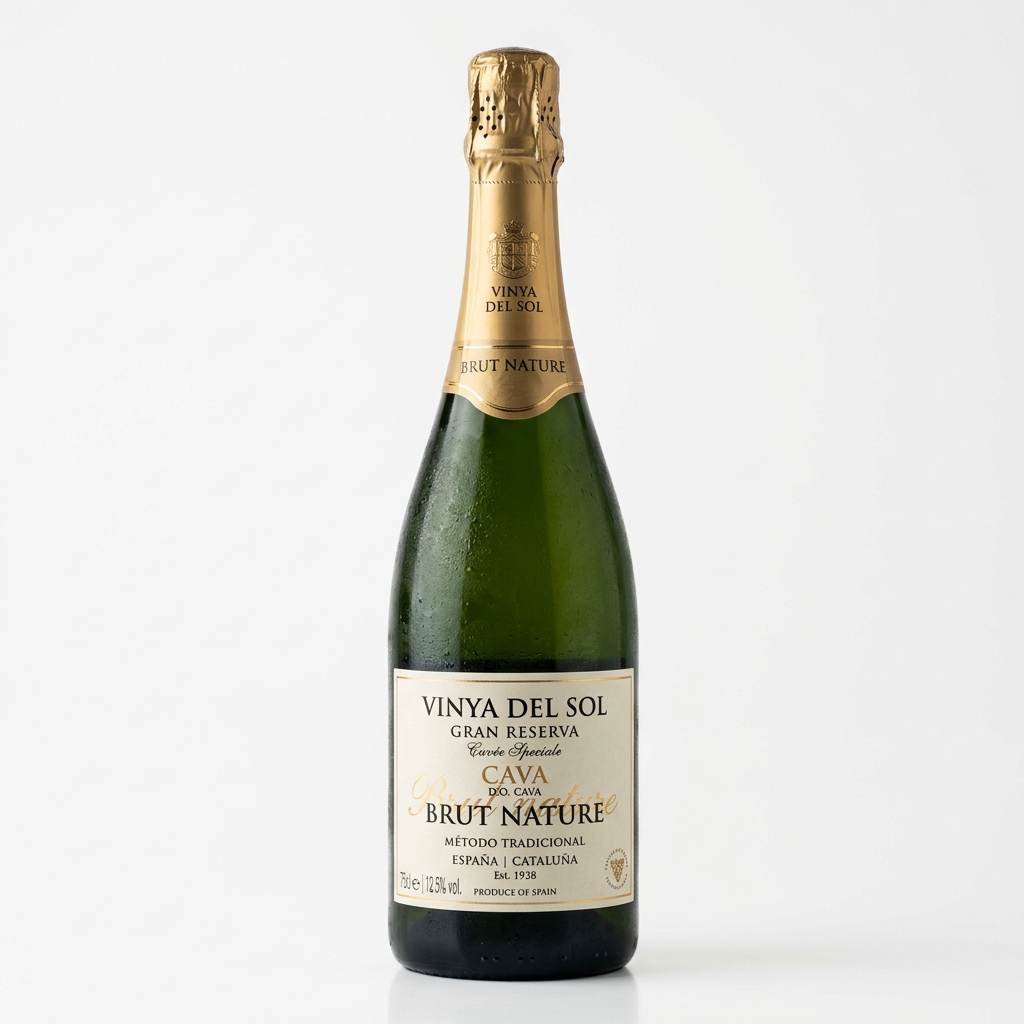 Bottle of Vinya Del Sol Gran Reserva Brut Nature Cava sparkling wine with gold foil on top