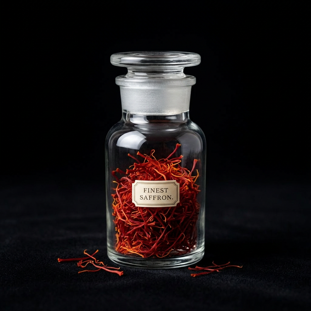 Glass jar containing bright red saffron threads labeled 'Finest Saffron'