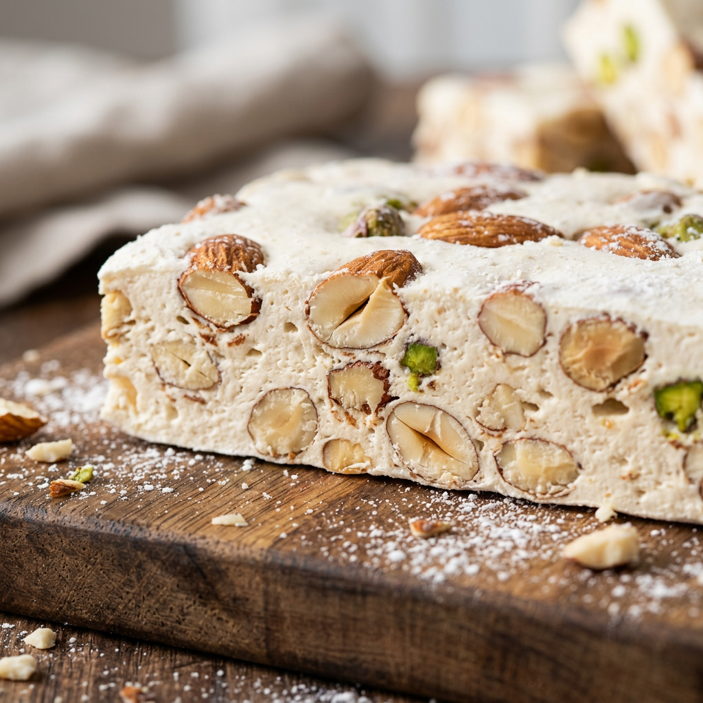 Slice of white nougat with whole almonds and pistachios on wooden cutting board